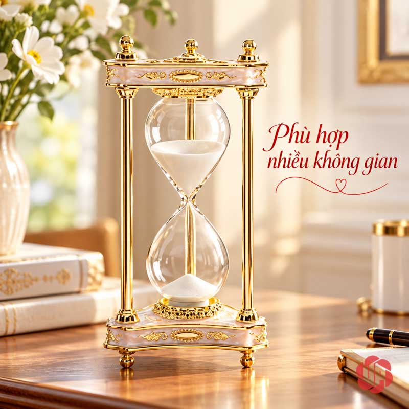Đồ Trang Trí Bàn Làm Việc, Đồng Hồ Cát Cổ Điển UPV004 Đồng hồ cát vàng trên bàn cạnh hoa và sách