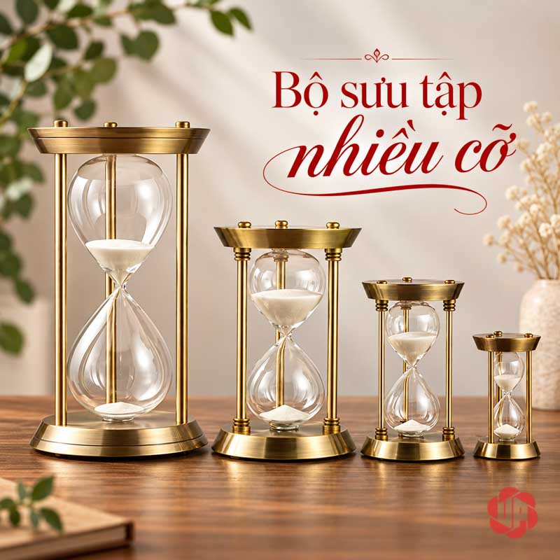 Đồ Trang Trí Decor, Đồng Hồ Cát Khung Tròn UPV007 Bốn đồng hồ cát khung vàng xếp từ cao đến thấp trên bàn