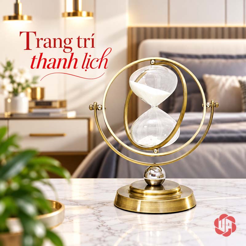 Đồng Hồ Cát Đẹp Trang Trí Khung Vàng UP036 Đồng hồ cát đẹp bầu thủy tinh trong khung tròn trước sofa sáng