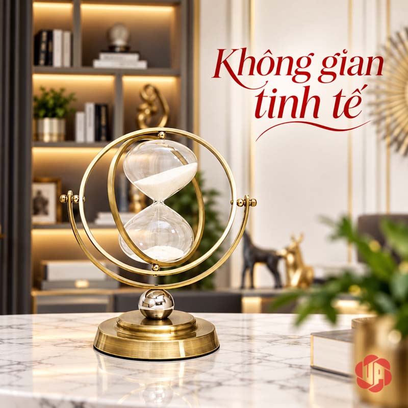 Đồng Hồ Cát Đẹp Trang Trí Khung Vàng UP036 Đồng hồ cát đẹp trên bàn trắng trước kệ sách có đèn