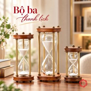 Ba cỡ đồng hồ cát gỗ nâu với trụ vàng và cát trắng
