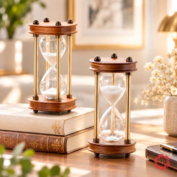 Hai đồng hồ cát gỗ nâu trụ vàng trong góc sách