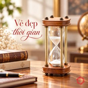 Đồng hồ cát gỗ đứng trên mặt bàn nâu cạnh sách