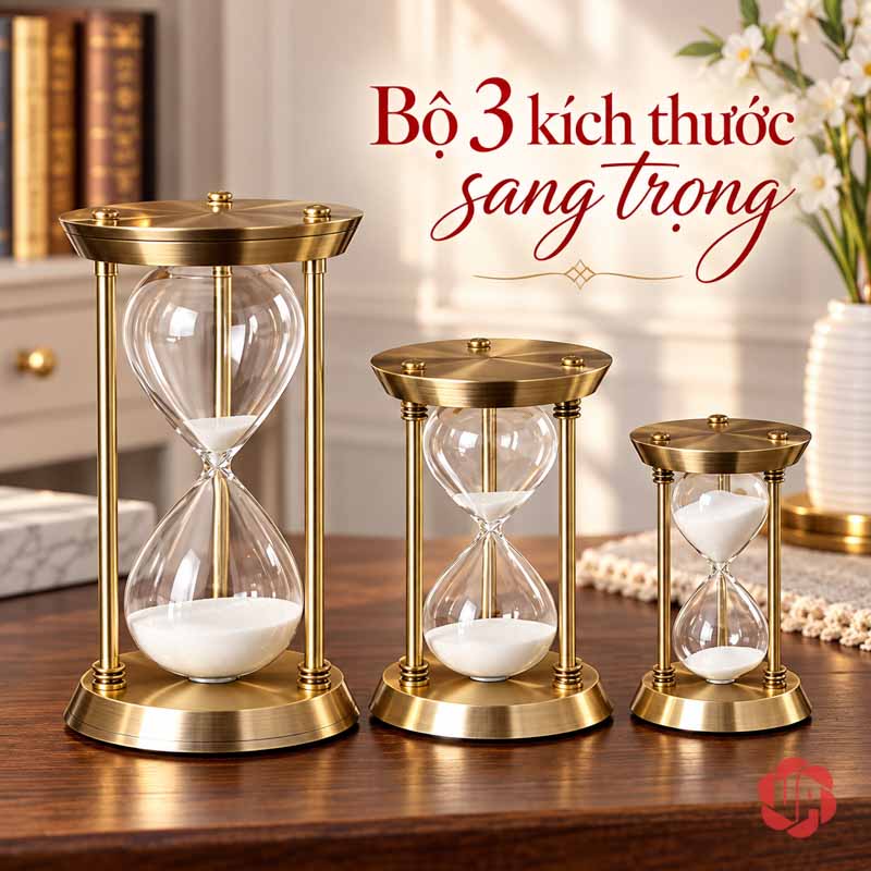 Đồ Trang Trí Decor, Đồng Hồ Cát Khung Tròn UPV007 Ba đồng hồ cát khung vàng cao thấp trên bàn gỗ