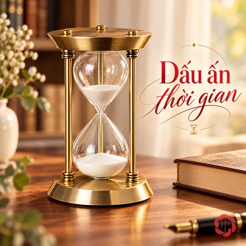 Đồ Trang Trí Decor, Đồng Hồ Cát Khung Tròn UPV007 Một đồng hồ cát khung vàng, đế tròn, trên bàn cạnh sách