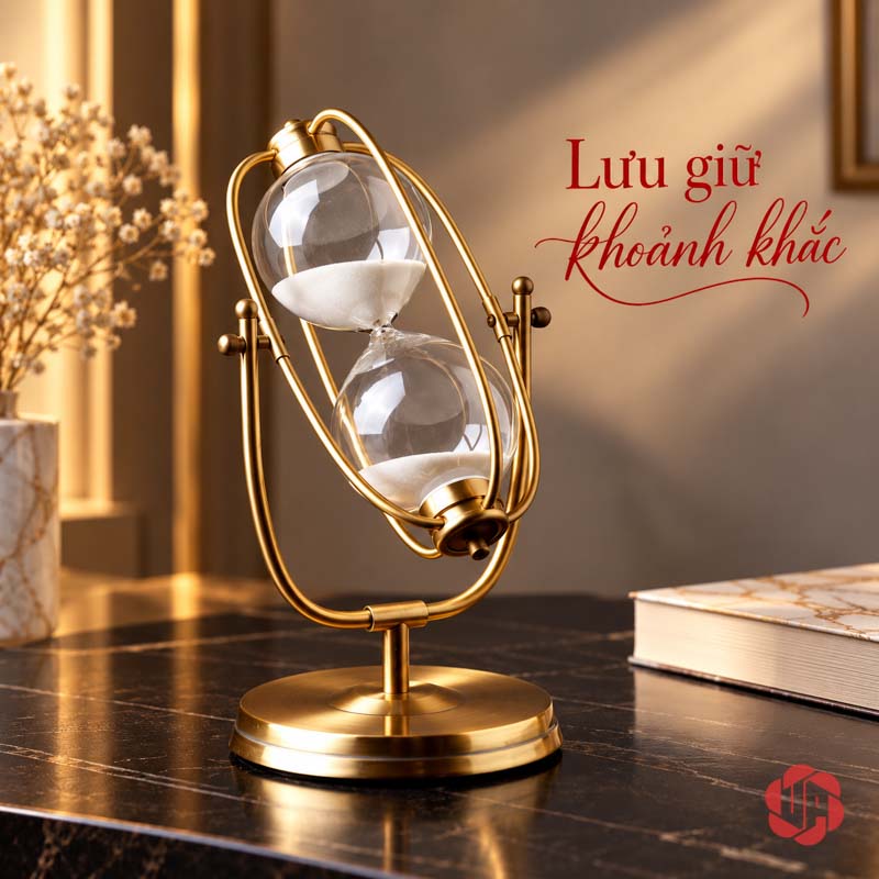 Đồng Hồ Cát Trang Trí Khung Oval Vàng UPV007-A Đồng hồ cát oval vàng đặt trên bàn gỗ cạnh sách