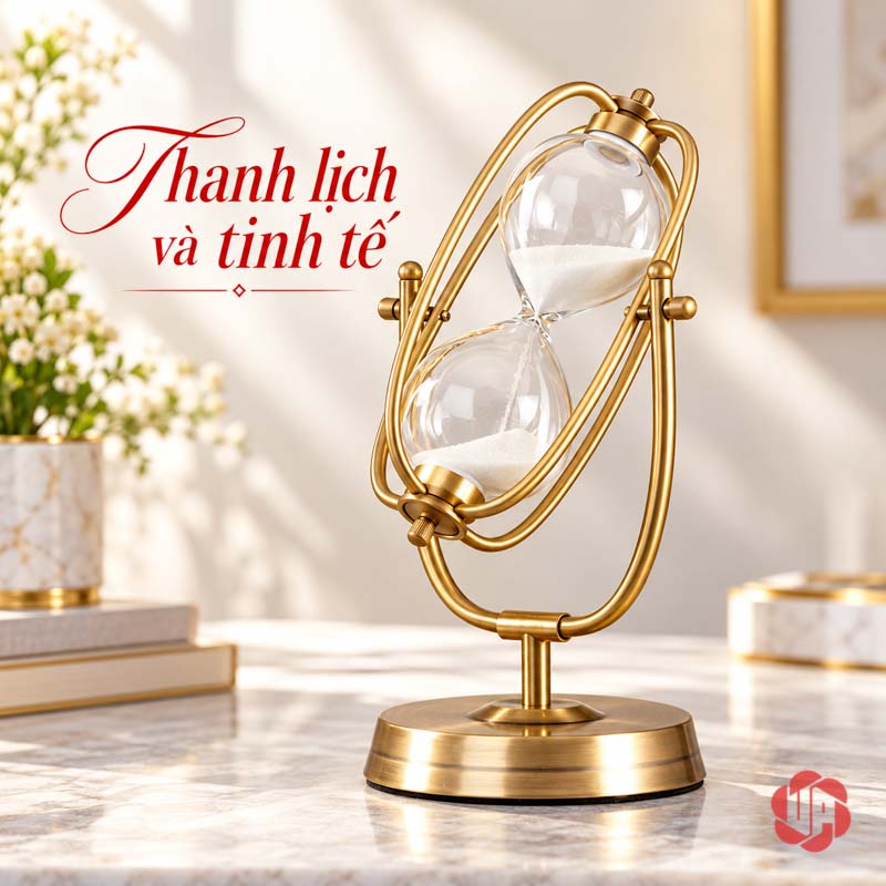 Đồng Hồ Cát Trang Trí Khung Oval Vàng UPV007-A Đồng hồ cát oval vàng trên bàn phòng khách tông kem