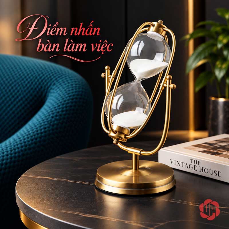Đồng Hồ Cát Trang Trí Khung Oval Vàng UPV007-A Đồng hồ cát oval trên bàn tròn đen bên ghế xanh
