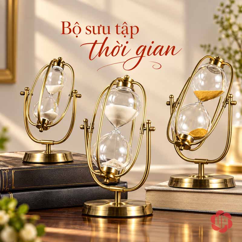 Đồng Hồ Cát Trang Trí Khung Oval Vàng UPV007-A Ba đồng hồ cát oval với chiều cao và màu cát khác nhau