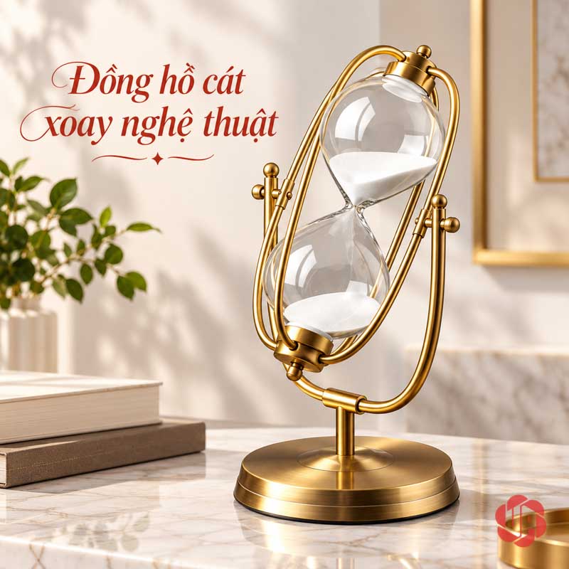 Đồng Hồ Cát Trang Trí Khung Oval Vàng UPV007-A Đồng hồ cát oval nghiêng cạnh sách trên bàn vân đá