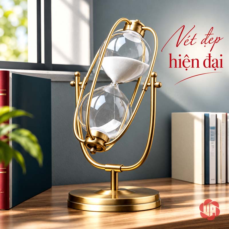 Đồng Hồ Cát Trang Trí Khung Oval Vàng UPV007-A Khung vàng của đồng hồ cát oval bên những cuốn sách