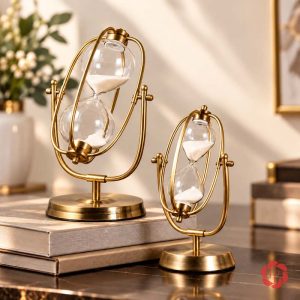 Hai đồng hồ cát oval lớn nhỏ trên bàn cạnh sách
