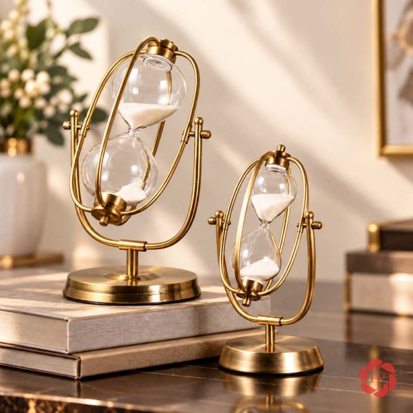 Hai đồng hồ cát oval lớn nhỏ trên bàn cạnh sách