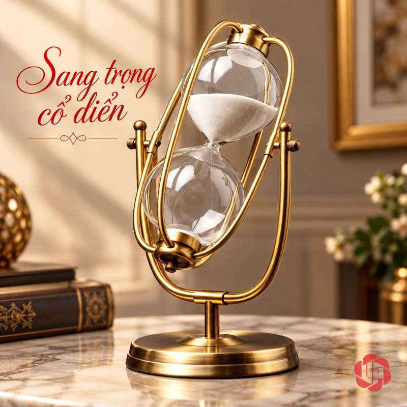 Đồng Hồ Cát Trang Trí Khung Oval Vàng UPV007-A Đồng hồ cát oval trên mặt bàn vân đá cạnh sách cổ điển