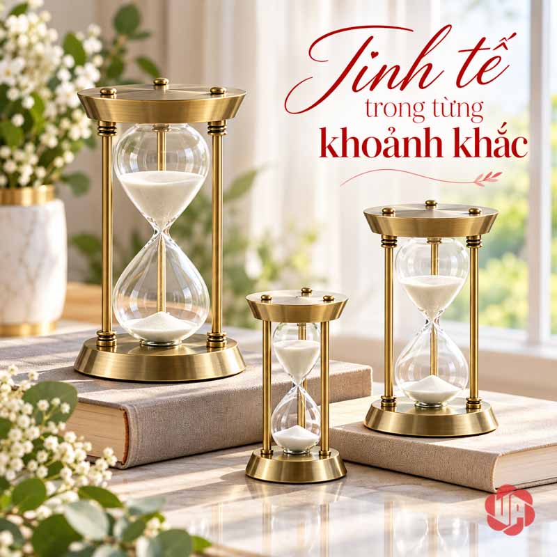 Đồ Trang Trí Decor, Đồng Hồ Cát Khung Tròn UPV007 Ba đồng hồ cát vàng bày ở các vị trí cao thấp trên bàn sáng