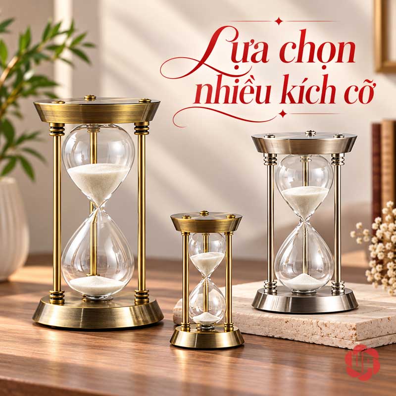 Đồ Trang Trí Decor, Đồng Hồ Cát Khung Tròn UPV007 Nhóm đồng hồ cát có khung vàng và bạc, bày trên bàn và bục