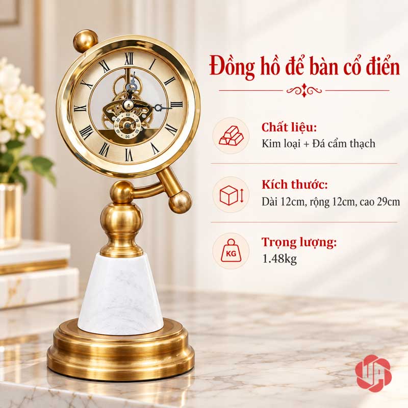 Đồng Hồ Để Bàn Làm Việc, Chân Đá Cẩm Thạch UPHB11 Ảnh đồng hồ ghi dài 12 cm, rộng 12 cm, cao 29 cm và nặng 1,48 kg