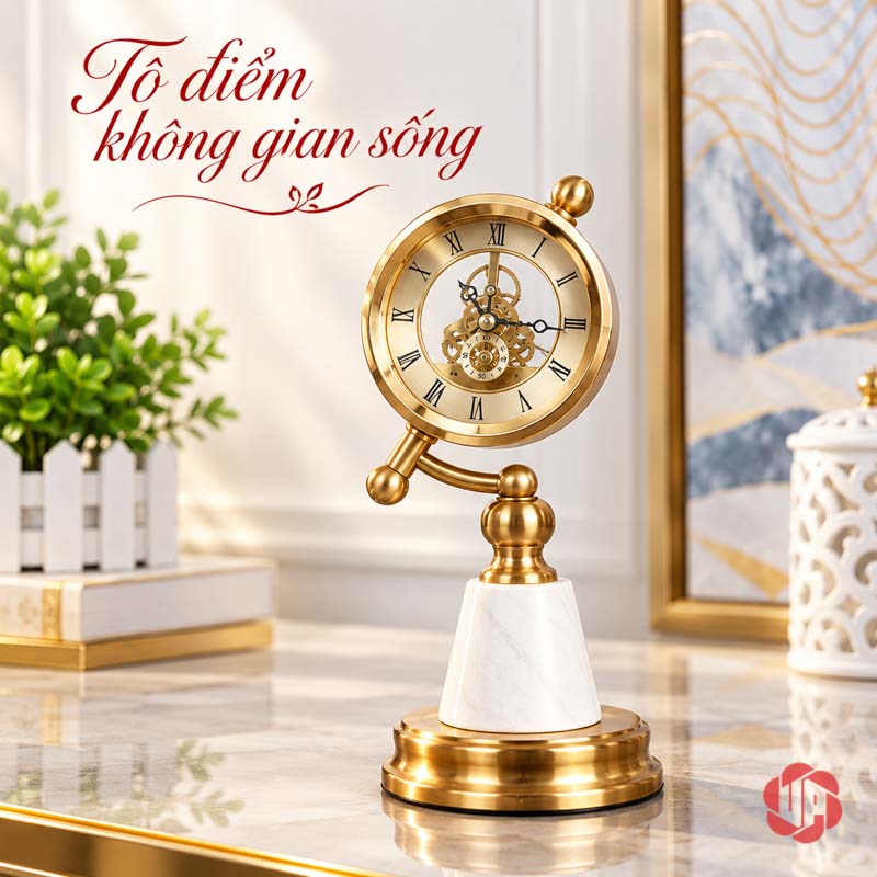 Đồng Hồ Để Bàn Làm Việc, Chân Đá Cẩm Thạch UPHB11 Đồng hồ chân đá trắng trên bàn sáng cạnh cây và tranh