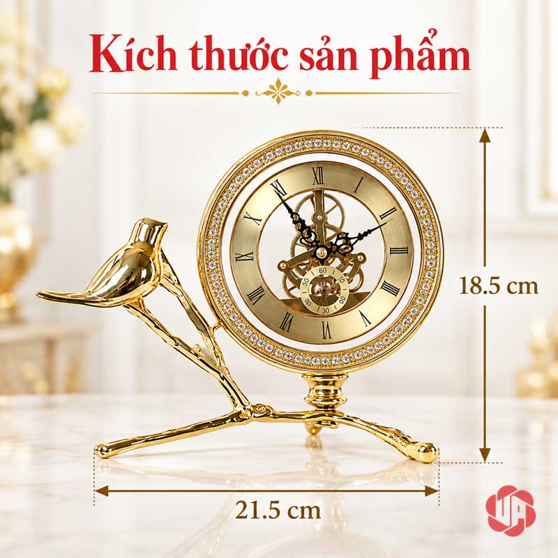 Đồng Hồ Để Bàn Trang Trí Chim Vàng UPHB08 Ảnh mẫu chim vàng thấp rộng 21,5 cm, cao 18,5 cm