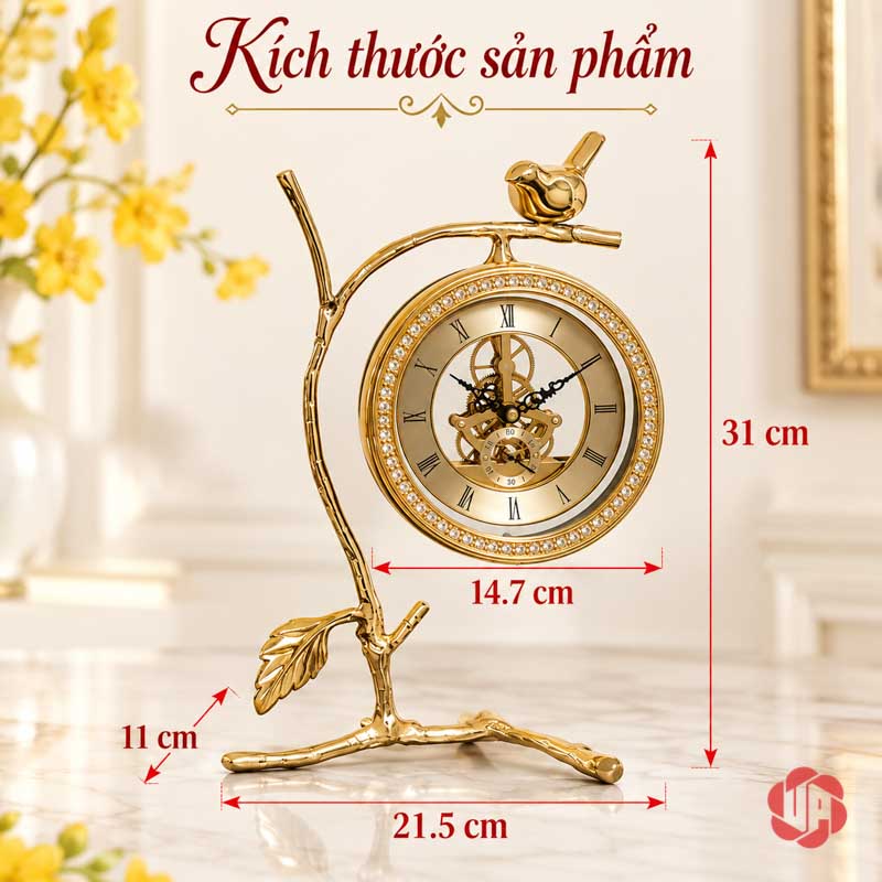 Đồng Hồ Để Bàn Trang Trí Chim Vàng UPHB08 Ảnh mẫu chim treo cao 31 cm, rộng 21,5 cm, sâu 11 cm
