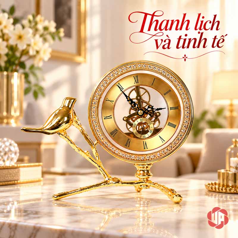 Đồng Hồ Để Bàn Trang Trí Chim Vàng UPHB08 Đồng hồ chim vàng thấp trên bàn sáng trước nền hoa trắng