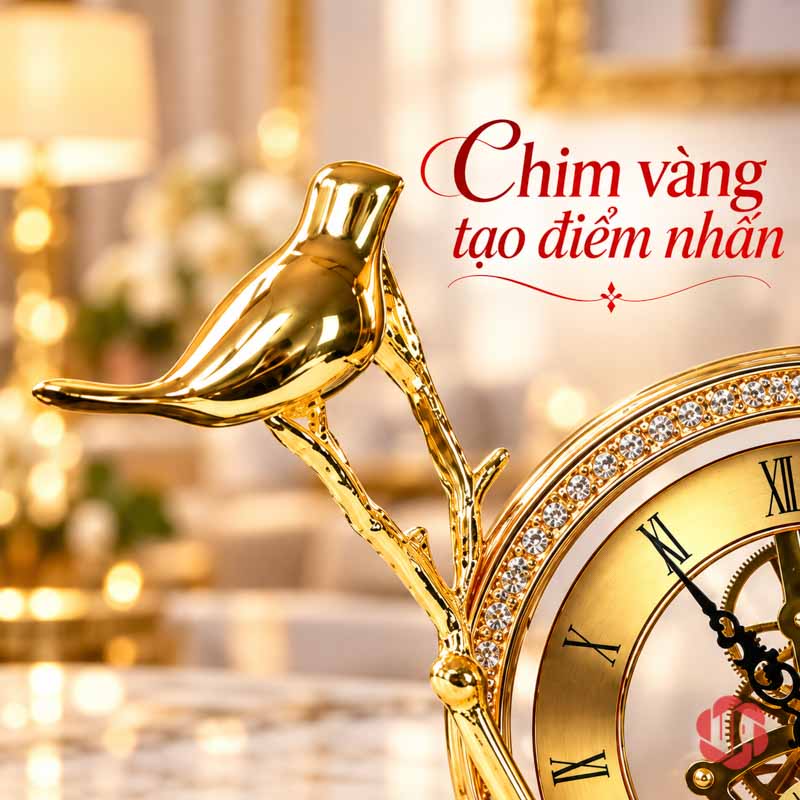 Đồng Hồ Để Bàn Trang Trí Chim Vàng UPHB08 Cận chim vàng đậu trên nhánh bên cạnh mặt đồng hồ