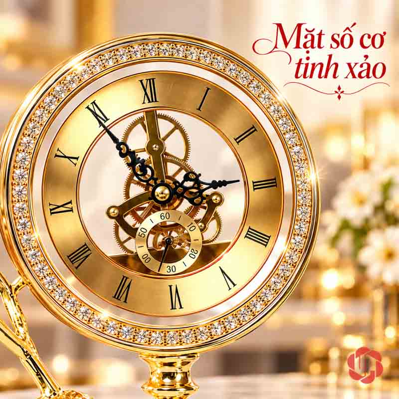 Đồng Hồ Để Bàn Trang Trí Chim Vàng UPHB08 Cận mặt số La Mã và viền sáng của đồng hồ chim vàng