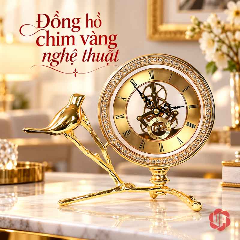 Đồng Hồ Để Bàn Trang Trí Chim Vàng UPHB08 Đồng hồ chim vàng dáng thấp, chim đậu bên trái mặt số tròn