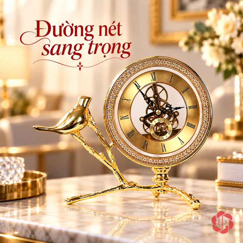 Đồng Hồ Để Bàn Trang Trí Chim Vàng UPHB08 Toàn cảnh đồng hồ chim vàng thấp với chân cành cây ánh kim