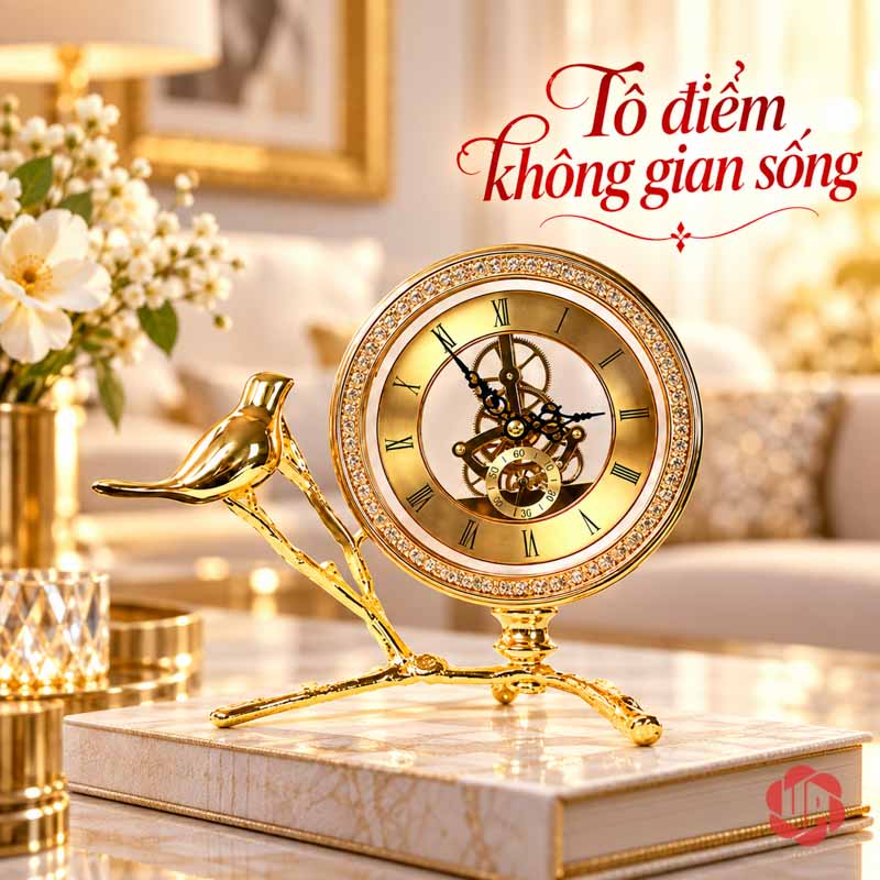 Đồng Hồ Để Bàn Trang Trí Chim Vàng UPHB08 Đồng hồ chim vàng thấp bày trên sách trong phối cảnh
