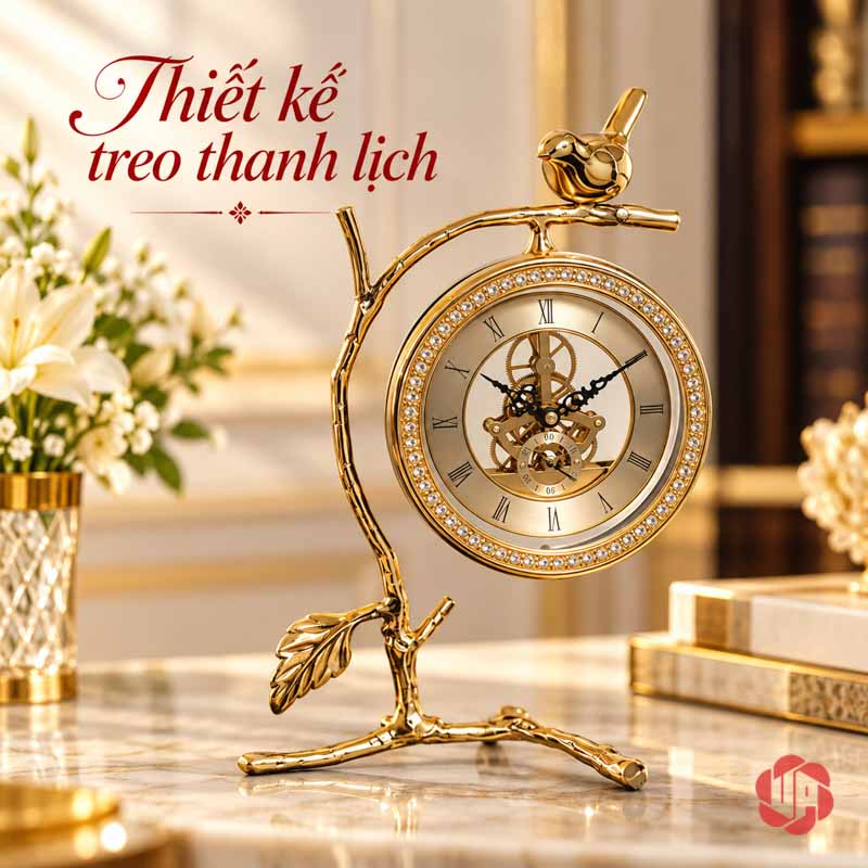Đồng Hồ Để Bàn Trang Trí Chim Vàng UPHB08 Đồng hồ tròn treo dưới cành cong với chim nhỏ phía trên