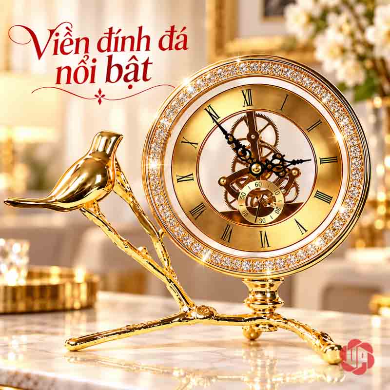 Đồng Hồ Để Bàn Trang Trí Chim Vàng UPHB08 Đồng hồ chim vàng với vòng chi tiết sáng quanh mặt số