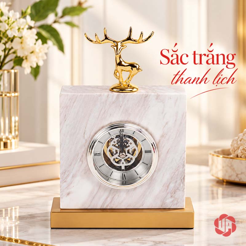 Đồng Hồ Để Bàn Cao Cấp, Hươu Vàng Đá Cẩm Thạch UPHB02 Đồng hồ nền đá trắng vân xám, mặt số ánh bạc, tượng hươu vàng