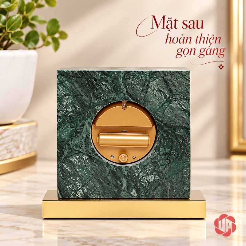 Đồng Hồ Để Bàn Cao Cấp, Hươu Vàng Đá Cẩm Thạch UPHB02 Mặt sau đồng hồ đá xanh với cụm tròn ánh vàng và đế ngang