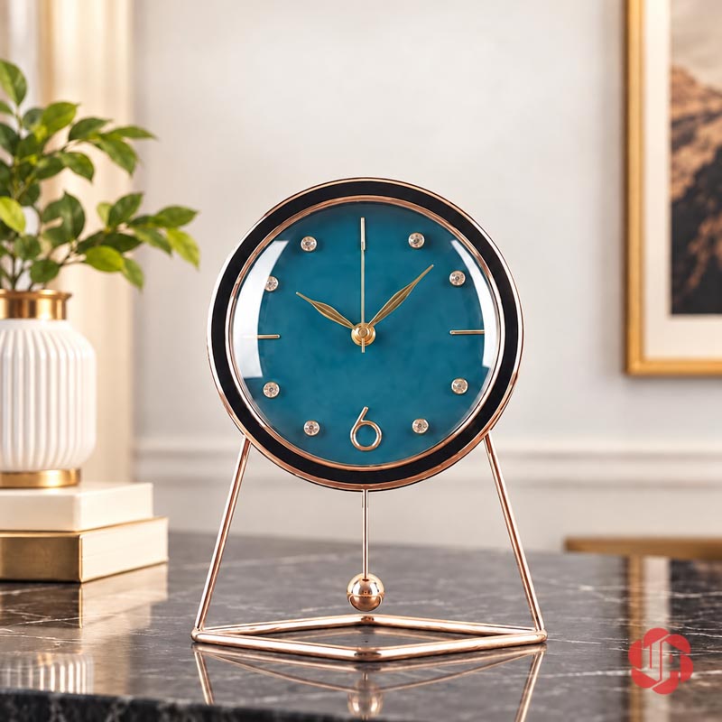 Đồng Hồ Để Bàn Đẹp, Mặt Tròn Chân Khung Thanh UPHB10 Đồng hồ mặt tròn xanh trên chân khung thanh ánh vàng và đế vuông