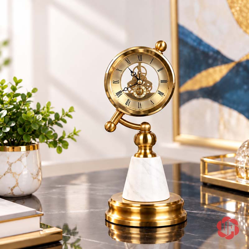Đồng Hồ Để Bàn Làm Việc, Chân Đá Cẩm Thạch UPHB11 Đồng hồ cổ điển chân đá trắng trên bàn tối cạnh chậu cây