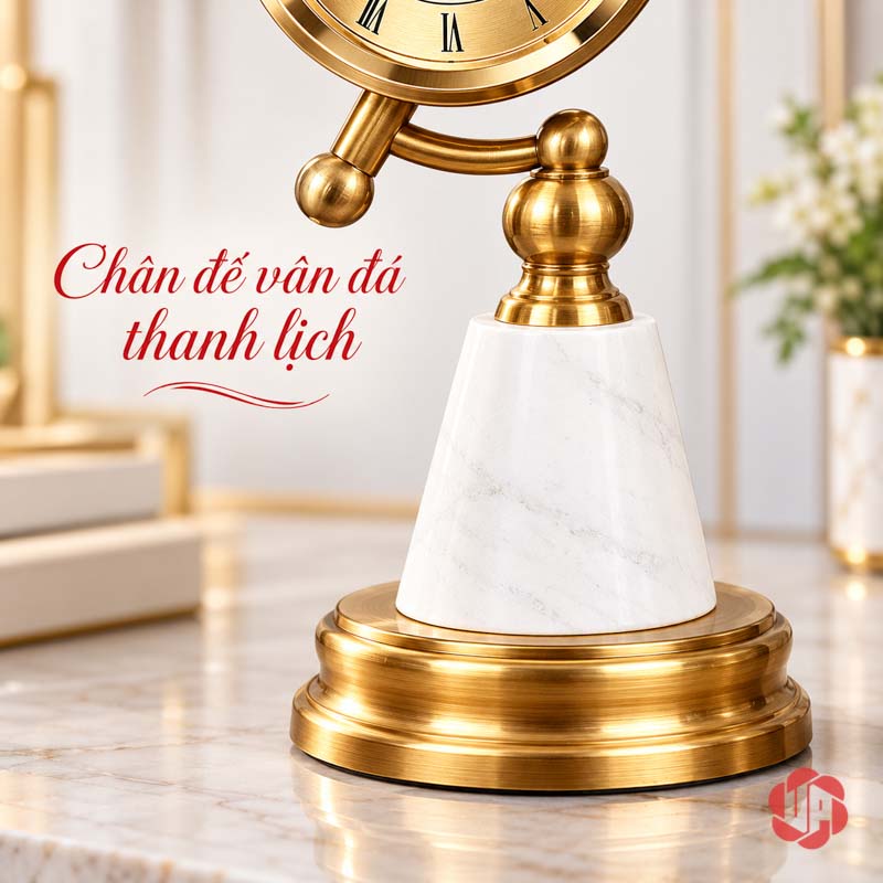 Đồng Hồ Để Bàn Làm Việc, Chân Đá Cẩm Thạch UPHB11 Cận đế tròn ánh vàng và phần đá cẩm thạch hình thuôn