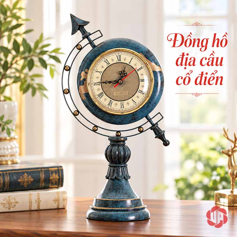 Bộ Đồng Hồ Để Bàn Địa Cầu Và Đôi Hươu Xanh UPHB17 Đồng hồ địa cầu xanh đứng trên chân đế cao cạnh sách