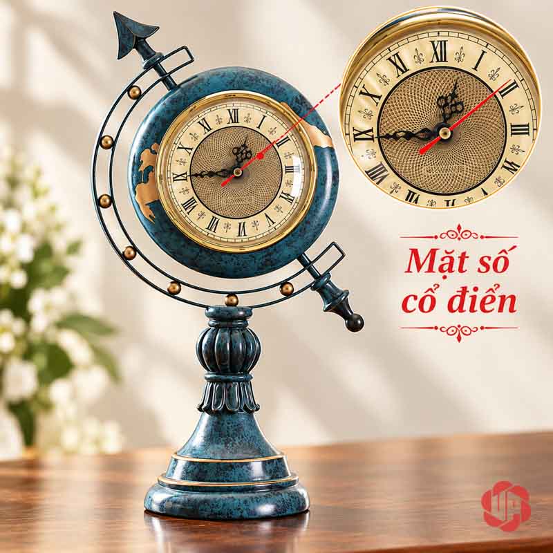 Bộ Đồng Hồ Để Bàn Địa Cầu Và Đôi Hươu Xanh UPHB17 Đồng hồ địa cầu xanh kèm góc phóng to mặt số cổ điển