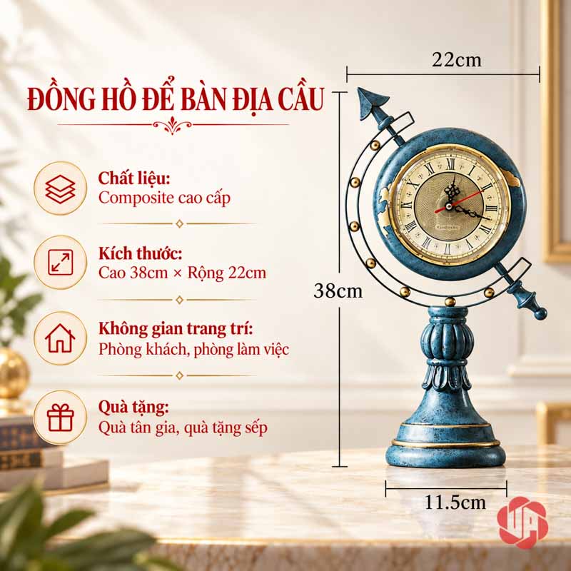 Bộ Đồng Hồ Để Bàn Địa Cầu Và Đôi Hươu Xanh UPHB17 Ảnh đồng hồ địa cầu cao 38 cm, rộng 22 cm, ngang đế 11,5 cm