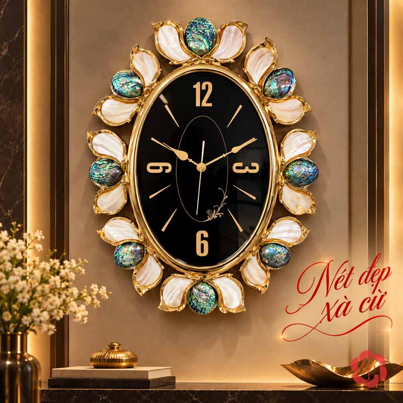 Đồng Hồ Treo Tường Cao Cấp Khảm Trai Tự Nhiên UPH023 Đồng hồ elip trên tường tông ấm cạnh cành hoa
