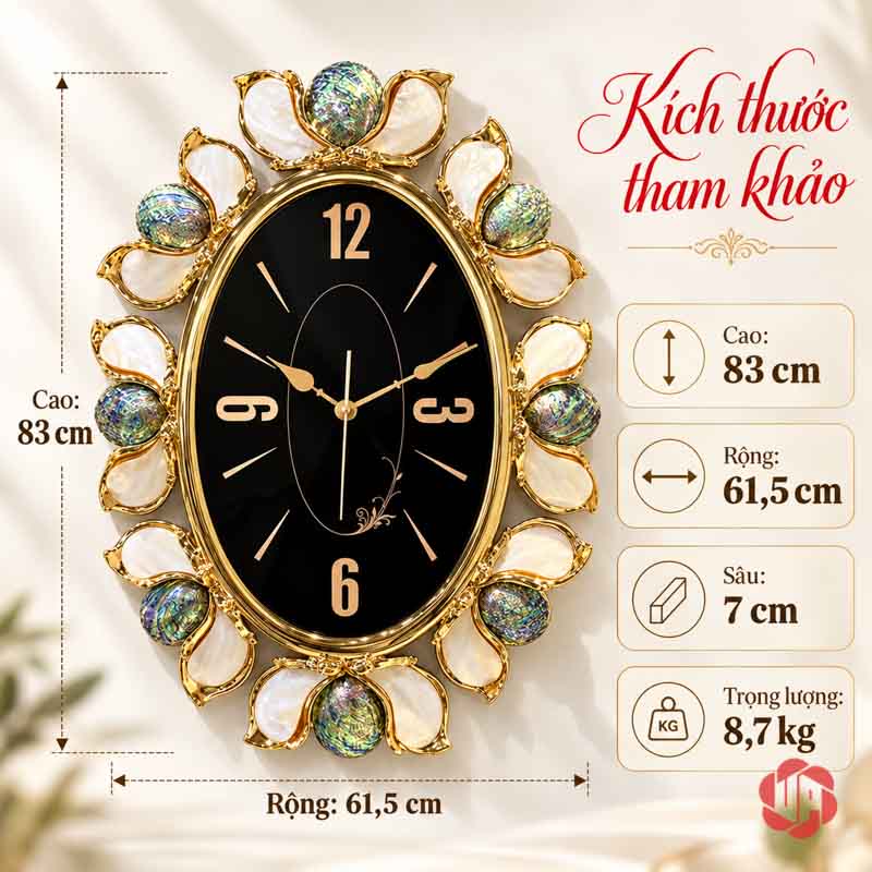 Đồng Hồ Treo Tường Cao Cấp Khảm Trai Tự Nhiên UPH023 Ảnh kích thước đồng hồ elip rộng 61,5 cm cao 83 cm