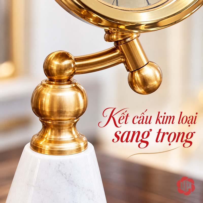 Đồng Hồ Để Bàn Làm Việc, Chân Đá Cẩm Thạch UPHB11 Cận giá đỡ cong ánh vàng và khớp nối phía dưới mặt đồng hồ