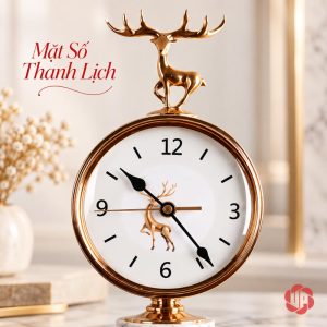 Mặt đồng hồ trắng, kim đen, chữ số sẫm và hình hươu nhỏ ở giữa