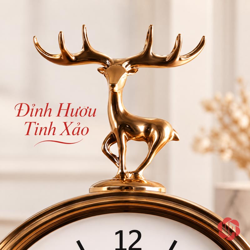 Bộ Đồng Hồ Trang Trí Cao Cấp Và Đôi Hươu Vân Đá UPHB22 Cận tượng hươu ánh vàng trên đỉnh mặt đồng hồ tròn