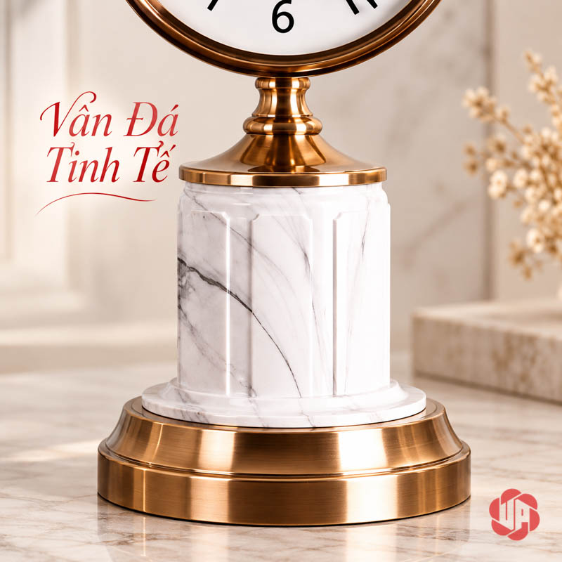 Bộ Đồng Hồ Trang Trí Cao Cấp Và Đôi Hươu Vân Đá UPHB22 Cận thân trụ trắng vân xám dưới mặt đồng hồ