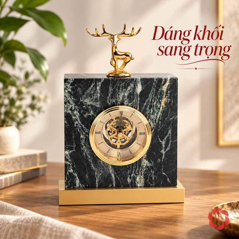 Đồng Hồ Để Bàn Cao Cấp, Hươu Vàng Đá Cẩm Thạch UPHB02 Đồng hồ đá xanh dáng khối chữ nhật đặt trên mặt bàn sáng