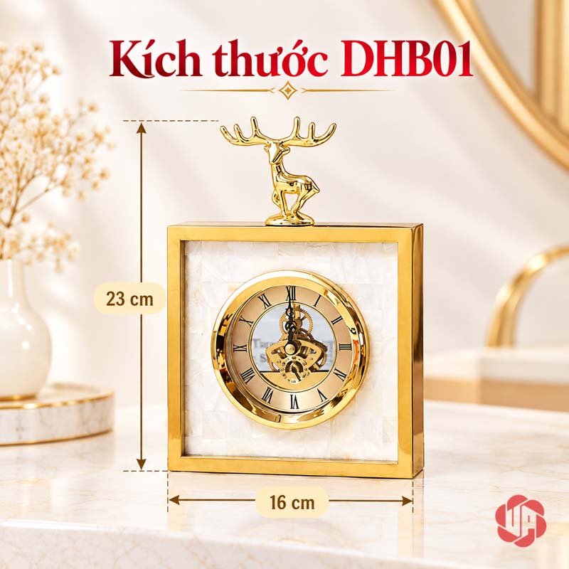 Đồ Trang Trí Bàn Làm Việc, Đồng Hồ Hươu Vàng UPHB01 Sơ đồ đồng hồ vuông rộng 16 cm, cao cả tượng hươu 23 cm