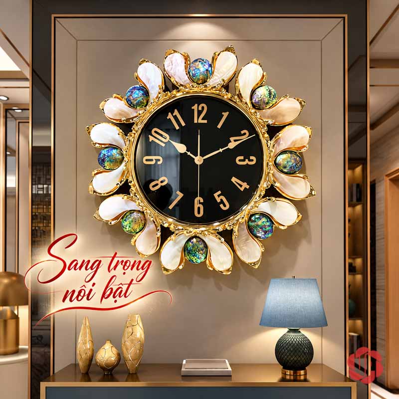 Đồng Hồ Treo Tường Cao Cấp Khảm Trai Tự Nhiên UPH023 Đồng hồ khảm trai tròn mặt đen trên tường phía trên tủ và đèn bàn