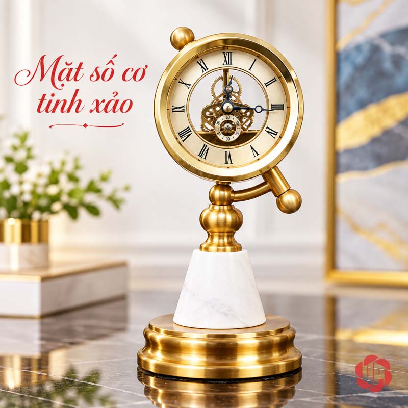 Đồng Hồ Để Bàn Làm Việc, Chân Đá Cẩm Thạch UPHB11 Toàn dáng đồng hồ La Mã ánh vàng với chân đá trắng và đế tròn
